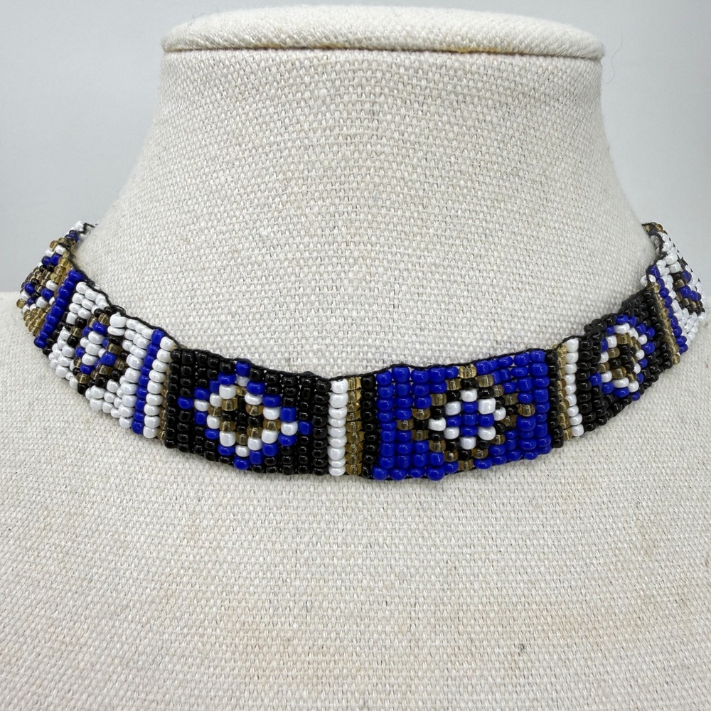 Geometric Choker Necklace Blue Seed Bead Diamond Loom Woven Southwest‎